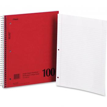 Spiral Bound 1 Subject Notebook, College Rule, White, 100 Sheets/Pad