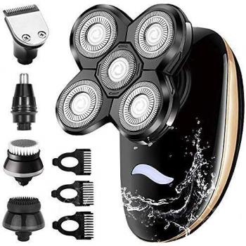 5 IN 1 Afeitadora Eléctrica Cortapelos Hombre, Uso en Húmedo & Seco, 4D Cabezas Rotativa y Barba Electrica Maquinilla De Afeitar, Afeitadora de Cabeza Calva Recortador, USB Recargable, Impermeable