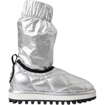 Dolce & Gabbana Metallic Silver Quilted Logo Patch Mid-Calf Boots - EU39/US8.5, Gray male, Size: 6 US