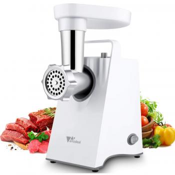 Amzdeal Picadora de Carne Eléctrica - Máquina de Carne y Embutidora de Salchichas con Kubbe Función Inversa, 3 Cuchillas de Corte de Acero Inoxidable