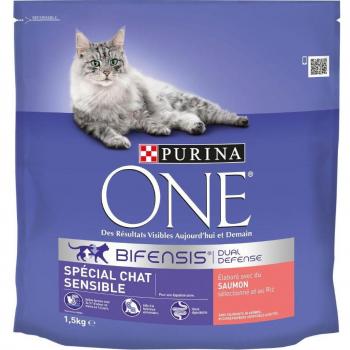 PURINA ONE Sensitive Cat con salmón y arroz para gatos - Pack de 4 bolsas de 1,5 kg cada una