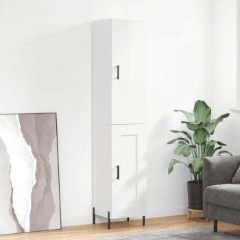 Aparador alto de madera contrachapada blanco brillo 34,5x34x180 cm con 1 puerta de madera, mueble de almacenaje para salón, buffet y armario auxiliar