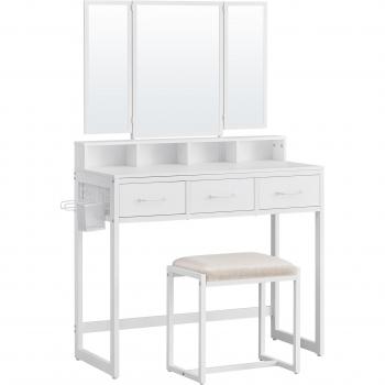 Tocador de Maquillaje Moderno con Espejo Triple, Taburete Acolchado y Soporte para Secador, 3 Cajones, Blanco