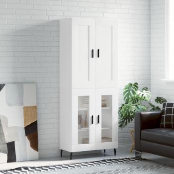 Aparador alto de madera contrachapada blanco 69,5x34x180 cm con 2 puertas de cristal, mueble de almacenaje para salón, buffet y armario auxiliar