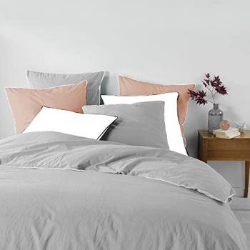 Juego de cama 3 piezas Linette en algodón lavado gris 240 x 220 cm con ribete blanco