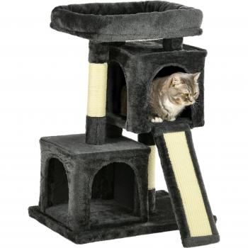 Árbol de Juegos para Gatos PawHut con Postes y Tablero Rascador Cuevas Cama - Gris Oscuro