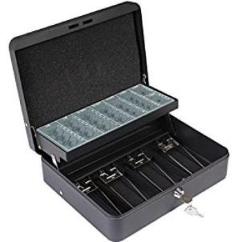 Caja Fuerte Portátil Arregui Cashier Clip C9244-EUR con Llave, Bandeja Organizadora de Monedas y Clips para Billetes, Acero Negro