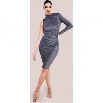 Goddiva Open Back One Sleeve Lurex Midi Dress - Silver - Size 12 UK