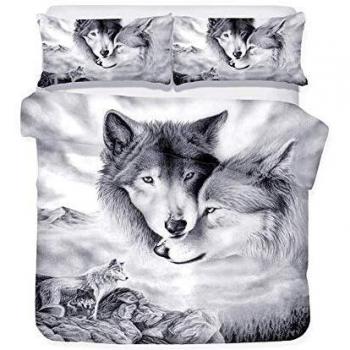 Juego de Funda de edredón Suave, 3 Piezas, diseño de Lobo, Funda de edredón y Funda de Almohada Impresa en 3D, poliéster, Blanco y Negro