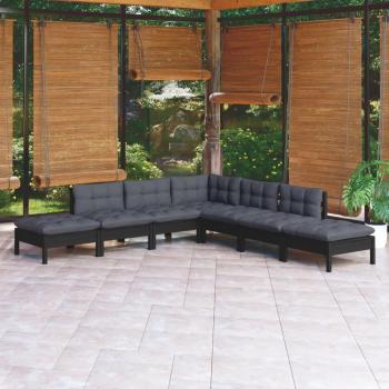 Conjunto de muebles de jardín 7 piezas con cojines negros de madera de pino sólido