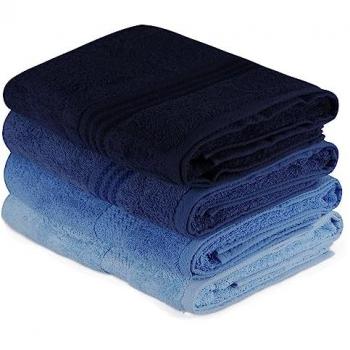 Juego de Toallas de Baño 4 Piezas 100% Algodón Suaves y Absorbentes Azul Oscuro, Azul y Azul Claro 500 Gr/m²