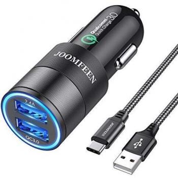 JOOMFEEN USB Tipo C Cargador de Coche,Quick Charge 3.0+2.4A 30W Carga Rapida Doble Puertos USB Adaptador cargador de coche con Cable USB C para Samsung Galaxy S10E/S9/S8/Note 8,LG G6,Huawei P20/Mate10