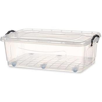 Bajo Cama Organizador Multifuncional con 6 Ruedas, Tapa y Asas - Caja de Plástico Transparente (30 Litros) para Ropa y Juguetes