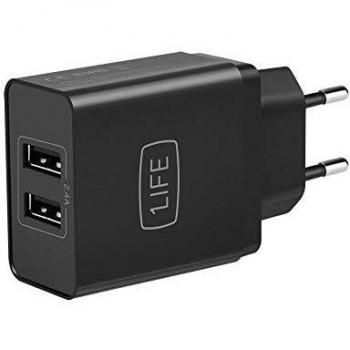 1Life Adaptador de Corriente con Doble Puerto USB 2.4A Negro