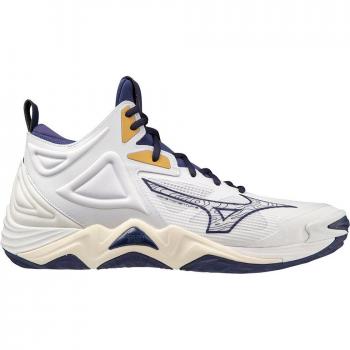 Zapatillas de voleibol Mizuno Wave Momentum 3 Mid Blanco - características: diseño mid-top para soporte adicional, tecnología Wave para amortiguación y estabilidad, parte superior de malla transpirable, suela de goma con tracción optim