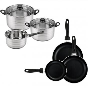 San Ignacio 5 Ø16/20/24CM Batería de Cocina SIP de 8 Piezas: cazo + 2 ollas + 2 Tapas de Vidrio y Set de 3 sartenes 16/20/24 cms, inducción, Acero Inoxidable, Cromado