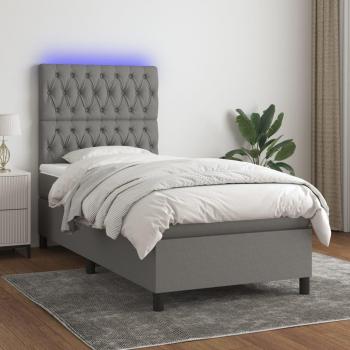 Cama box spring con colchón y luces LED, tela gris oscuro, 90x190 cm