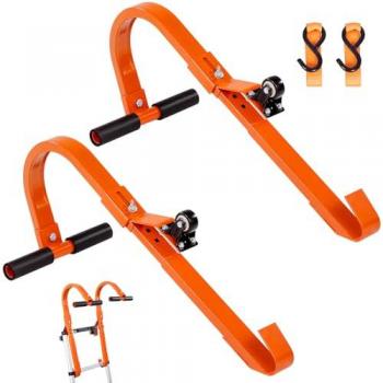 VEVOR Heavy Duty Steel Ladder Roof Hook with Wheel, 2 Pack Stabilizer and Rubber Grip T-Bar for Damage Prevention, 500 lbs Capacity
