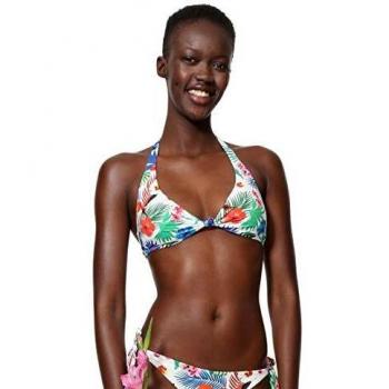Desigual Damen Swimwear Triangle Leopard Mujer Blanco Bikinioberteil, Weiß