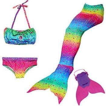 Cola de Sirena para Natación Traje de Baño 4pcs Mermaid Bikini con Monofín Establece para Niña Disfraz de Sirena Princesa Cosplay Conjuntos
