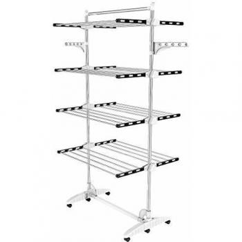 Tendedero de Ropa Plegable, 4 Niveles, Negro-Blanco, con Alas y Barra Superior, Material: Tubos de Acero Inoxidable, Móvil con Ruedas