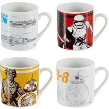Star Wars Copas Espresso de Cerámica Juego de 4 x 50ml Apilable Mini Tiro Único Impresión Decorativa Blueprint/First Order y Resistance Tazas de Café Espresso Blanco/Gafas en Embalaje de Regalo
