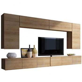 Conjunto de salón Providence B133, Aglomerado laminado, Roble dorado, Con mesa de TV y partes separadas, 300 x 43 cm