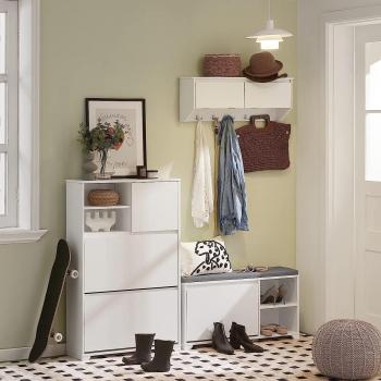 SoBuy Zapatero de banco FSR119-W Blanco con cojín de asiento, cajón abatible, 1 solapa y 2 compartimentos abiertos, dimensiones 90 x 24 x 46 cm