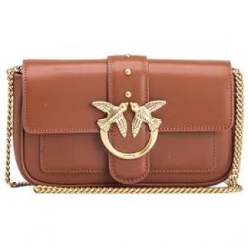 Pinko Brown Leather Love One Pocket Crossbody Bag with Studs