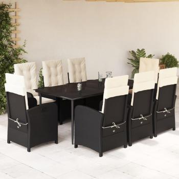 9-Piece Black Poly Rattan Garden Dining Set with Cushions