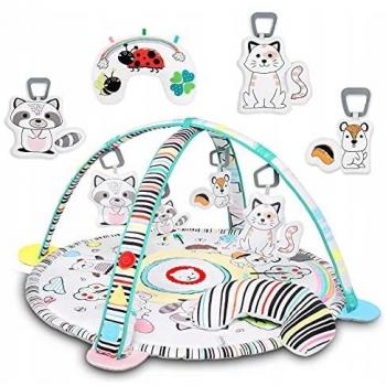 Lionelo Paula Plus - Alfombra de juego para gatear, 2 arcos, 4 juguetes de doble cara, cojín para el vientre Tummy Time suelo con estampado único, multicolor