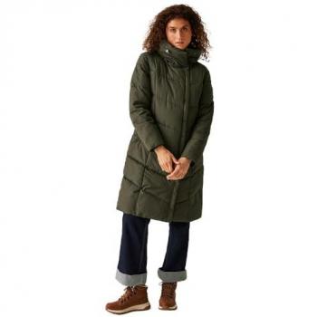 Regatta Women's Longline Hooded Water-Repellent Padded Parka Jacket - Dark Khaki - Size 8