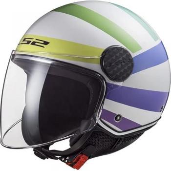 Casco Jet LS2 OF558 Sphere Lux II Blanco Brillante-Arcoiris, características: diseño aerodinámico, visera solar integrada, sistema de ventilación eficiente, interior desmontable y lavable, homologación ECE 22