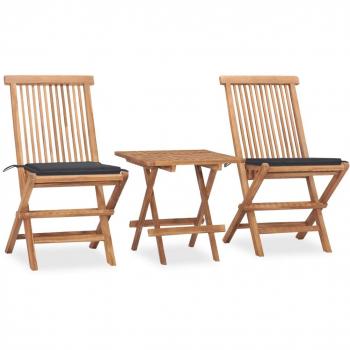 Folding 3-Piece Outdoor Dining Set with Cushions - Solid Teak Wood