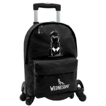 Mochila Escolar Grande Wednesday Addams con Carro de 4 Ruedas Giratorias, Negro