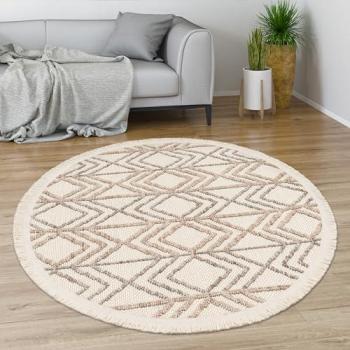 Alfombra de salón Boho Chic de pelo corto con dibujo geométrico y flecos, tamaño: Ø 120 cm redonda, color: crema 3