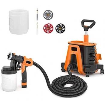 Pistola de Pintura, 1200W Pistola de Pulverización, 2 Recipientes de 1200ML, Flujo de Pulverización 1100ml/min, 3 Modos con 3 Boquillas de Cobre, Rueda Universal, Manguera de 3,5m