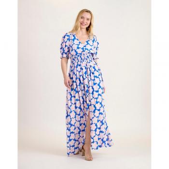 Naf Naf - Vestido largo de manga corta con estampado de flores en tonos azul y rosa, con cintura ajustada