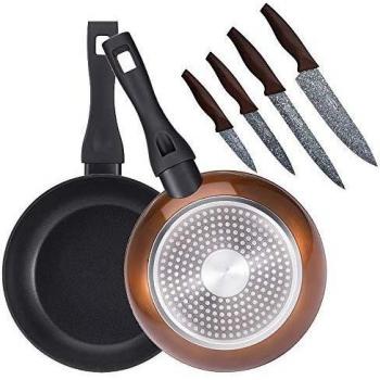 Bergner PK1926 Set 2 sartenes 20+24 cms, en Aluminio Forjado, inducción, más Juego 4 Cuchillos de Cocina, Acero Inoxidable, Marrón
