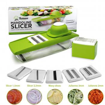 Mandolina de cocina compacta 5 en 1 marca Twinzee – excelente para rebanar y triturar frutas y vegetales fina y uniformemente en corto tiempo – trae unas afiladas cuchillas de corte intercambiables de acero inoxidable, un protector para las manos, y u