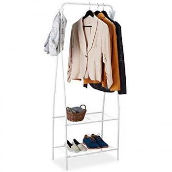 Perchero de Metal Relaxdays con 2 Estantes y 4 Ganchos, Barra para Ropa, Ideal para Recibidor y Vestidor, 158x60x33 cm, Blanco