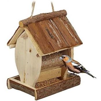 Comedero Colgante para Pájaros de Madera Natural, 19.5 x 15 x 12.5 cm, Jardín, Atrae Aves Pequeñas