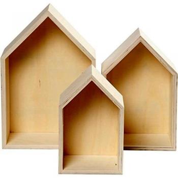 Set de Cajas de Almacenamiento de Madera en Forma de Casa, Altura: 20,3+25,3+31 cm, Ancho: 13+16,2+20 cm, Profundidad: 10