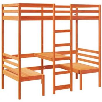 Cama alta escritorio y asientos madera maciza marrón 90x190 cm