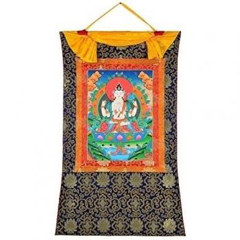 BUDDHAFIGUREN Thangka Chenrezig Avalokitesvara pintado a mano en con marco de brocado 112 cm x 72 cm