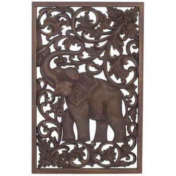 Panel de madera tallada elefante estilo étnico, adorno de pared, placa de madera marrón, dimensiones 70x1x45 cm
