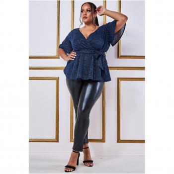 Goddiva Plus Lurex Flutter Sleeve Wrap Top - Navy