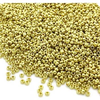 PRECIOSA Paquete de 50 Gramos de Cuentas, Tipo rocalla, de Color Dorado metálico, Hechas de Cristal checo, de 2,1 mm