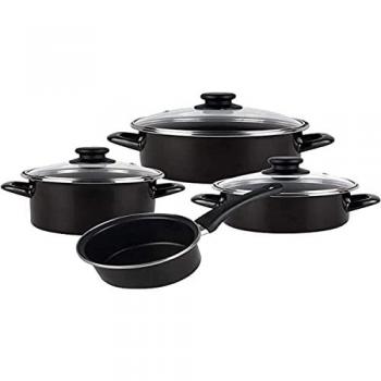 MAGEFESA KENIA NEGRA - BATERÍA DE COCINA 7 PIEZAS, ACERO VITRIFICADO EXTERIOR NEGRO, ANTIADHERENTE BICAPA REFORZADO, A