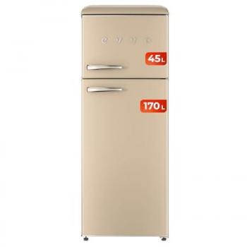 Frigorífico Retro 2 Puertas Evvo F45 Beige, 170 Litros Refrigerador, 45 Litros Congelador, Diseño Vintage, Cajón Crisper Zone, Libre de Gas CFC, Silencioso
